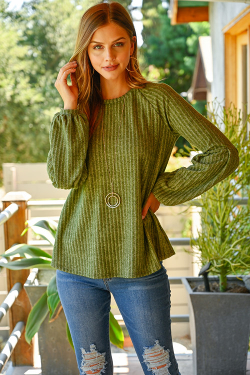 S8-7-4-RFT2348-RSW031-OV - TIERED PUFF SLEEVED BRUSHED RIB TOP- OLIVE 1-2-2-2