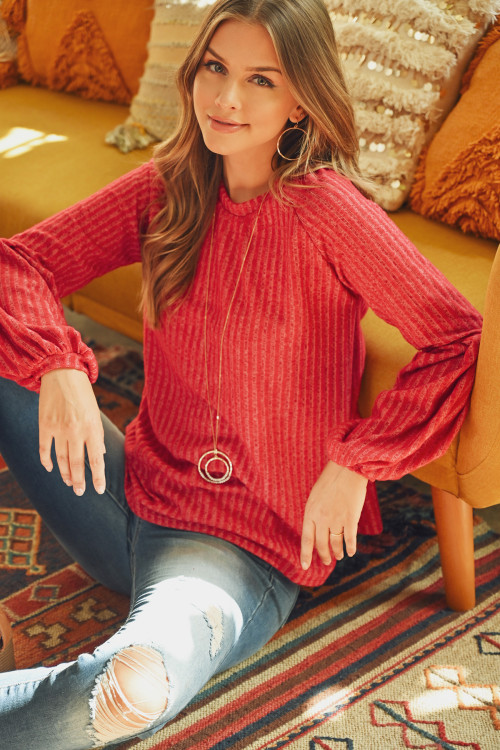 S8-7-4-RFT2348-RSW031-RB - TIERED PUFF SLEEVED BRUSHED RIB TOP- RUBY 1-2-2-2