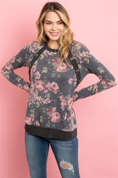 S8-3-4-RFT2361-RFL108-NVRSCHL - BUTTON DETAIL LONG SLEEVED FLORAL PRINT TOP- NAVY/ROSE/CHARCOAL 1-2-0-3