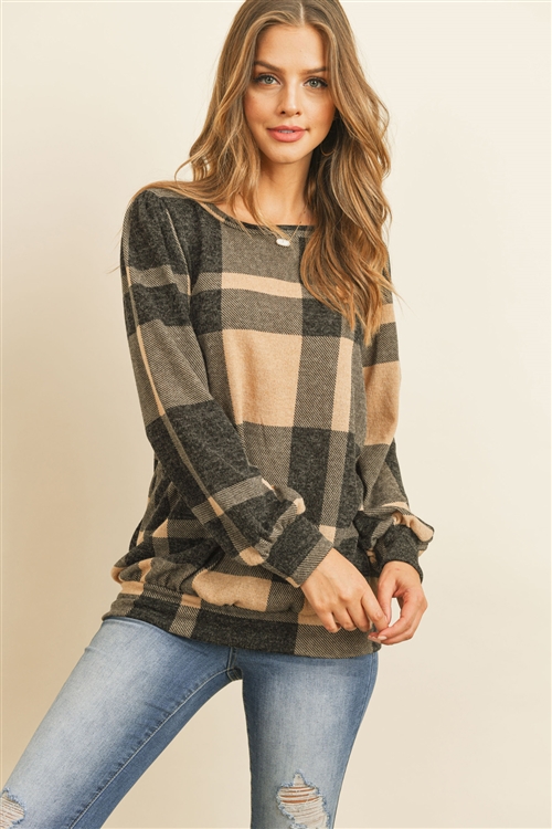 S11-4-3-RFT2378-RPL014-LTTPBK - PLAID ROUND NECK LONG SLEEVE TOP- LIGHT TAUPE BLACK 1-2-2-2