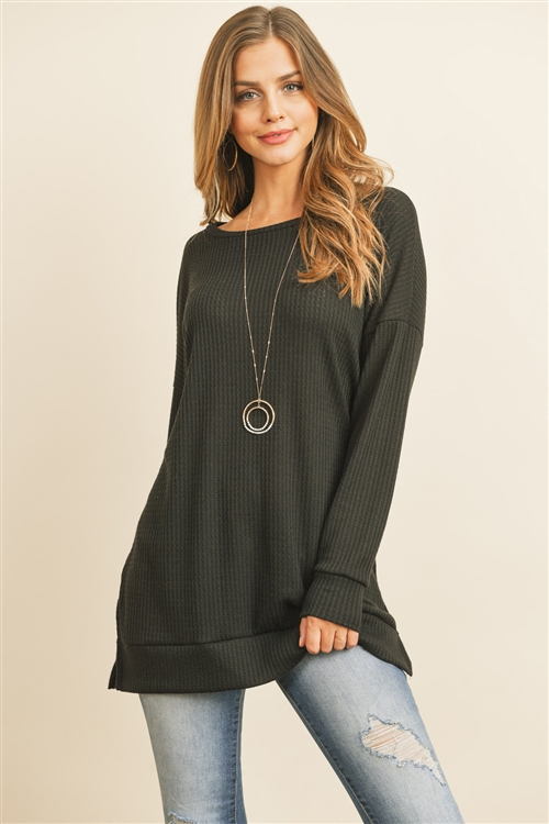 S16-1-3-RFT2388-WF-BK - SOLID WAFFLE ROUND NECK TUNIC TOP- BLACK 1-2-2-2
