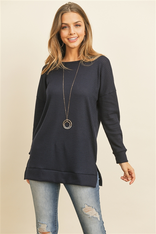 S16-1-3-RFT2388-WF-SPNV - SOLID WAFFLE ROUND NECK TUNIC TOP- SUPER NAVY 1-2-2-2