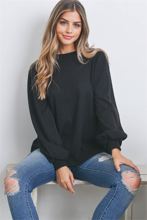S16-5-1-RFT2389-RSW022-HCB-BK - RIB DETAIL PUFF SLEEVED SOLID HACCI BRUSHED TOP- BLACK 1-2-2-2