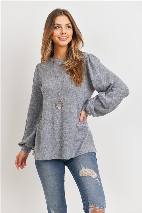S14-9-2-RFT2389-RSW022-HCB-HG - RIB DETAIL PUFF SLEEVED SOLID HACCI BRUSHED TOP- HEATHER GRAY 0-1-2-1