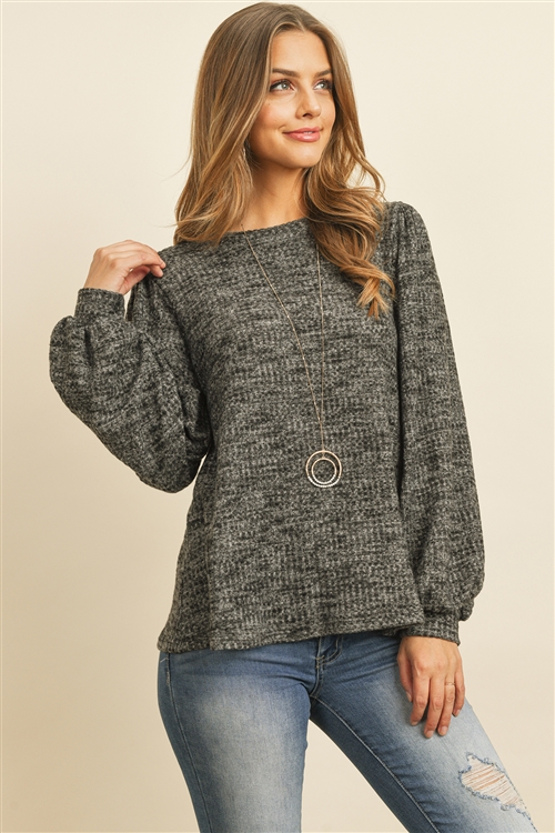 S12-3-3-RFT2389-WF-BKCHB - WAFFLE BRUSHED PUFF SLEEVED ROUND NECK TOP- BLACK CHAMBRAY 1-2-2-2