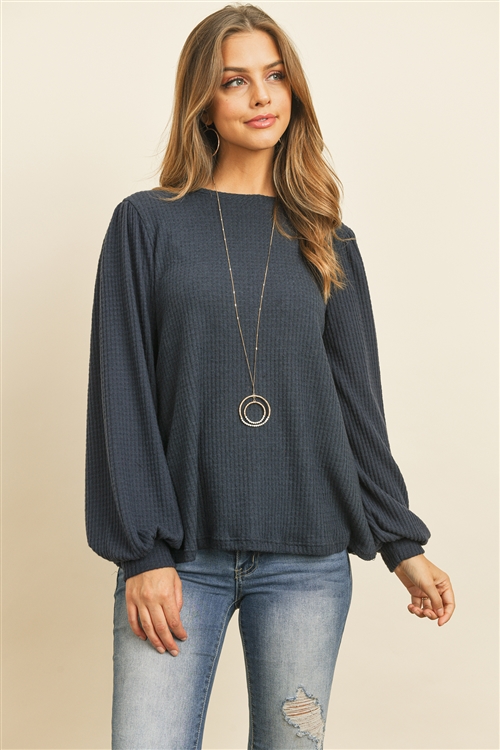 S12-2-3-RFT2389-WF-NV - WAFFLE BRUSHED PUFF SLEEVED ROUND NECK TOP- NAVY 1-2-2-2