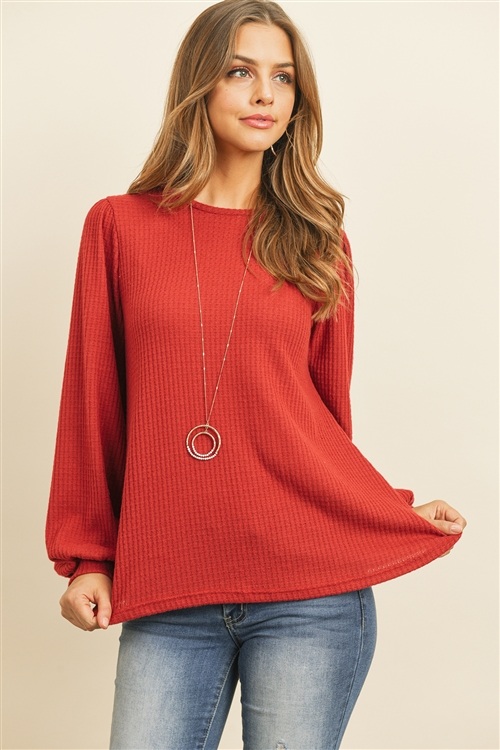 S12-2-3-RFT2389-WF-WN - WAFFLE BRUSHED PUFF SLEEVED ROUND NECK TOP- WINE 1-2-2-2