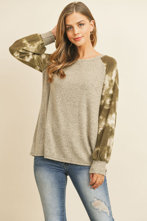 S11-5-2-RFT2394-RTD026C-CCOV - BRUSHED HACCI TIE DYE PUFF SLEEVED TOP- COCO/OLIVE 1-2-2-2