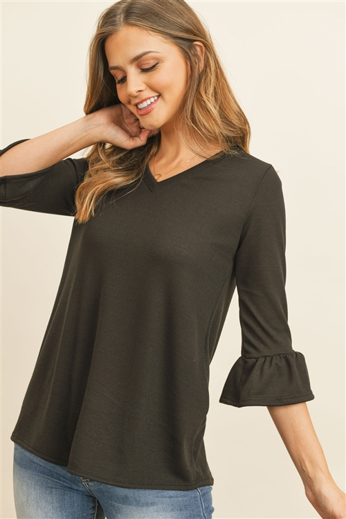 S11-13-2-RFT2401-PRS-BLK-1 - V-NECK 3/4 RUFFLE SLEEVE HACCI TOP- BLACK 4-1