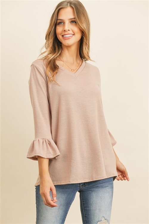 S10-13-3-RFT2401-PRS-DSTBLS-1 - V-NECK 3/4 RUFFLE SLEEVE HACCI TOP- DUSTY BLUSH 1-2-3