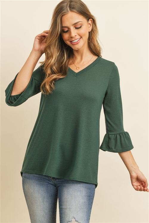 S11-13-2-RFT2401-PRS-HTGN-2 - V-NECK 3/4 RUFFLE SLEEVE HACCI TOP- HUNTER GREEN 1-4