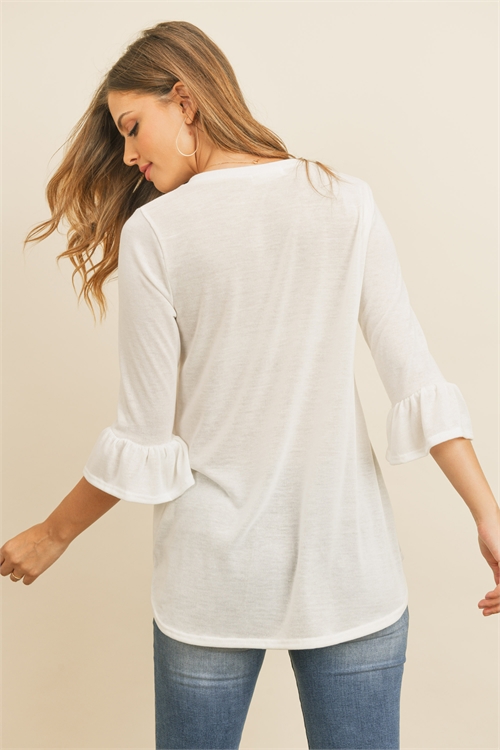 S14-12-1-RFT2401-PRS-IV - V-NECK 3/4 RUFFLE SLEEVE HACCI TOP- IVORY 1-2-2-2