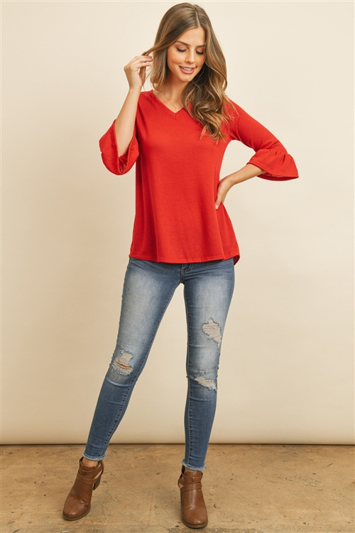 S14-12-1-RFT2401-PRS-RD -  V-NECK 3/4 RUFFLE SLEEVE HACCI TOP- RED 1-2-2-2