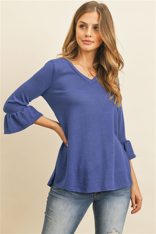 S11-13-2-RFT2401-PRS-RYLBL-1 - V-NECK 3/4 RUFFLE SLEEVE HACCI TOP- ROYAL BLUE 3-2-1