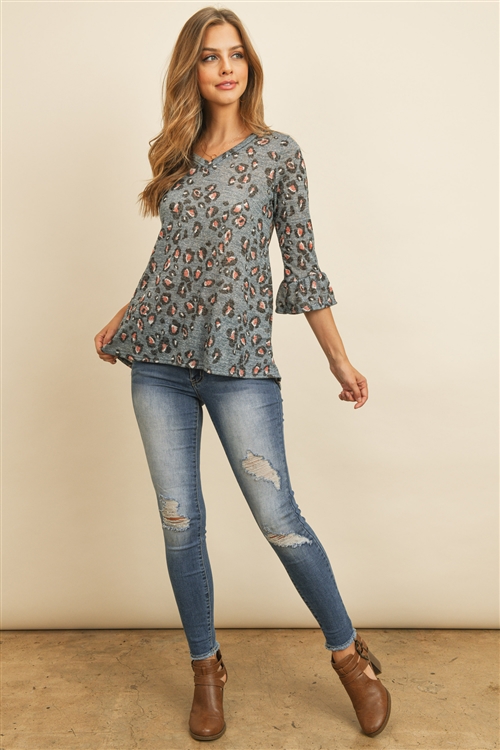 SA4-5-4-RFT2401-RAP001-BLGY - BELL SLEEVED LEOPARD PRINT SEMI-SHEER V-NECK TOP- BLUE GREY 1-2-2-2