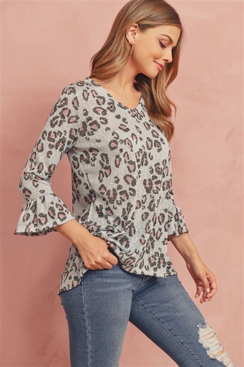 SA4-5-4-RFT2401-RAP001-GY - BELL SLEEVED LEOPARD PRINT SEMI-SHEER V-NECK TOP- GREY 1-2-2-2