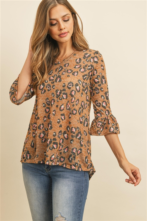 SA4-5-4-RFT2401-RAP001-MU - BELL SLEEVED LEOPARD PRINT SEMI-SHEER V-NECK TOP- MUSTARD 1-2-2-2