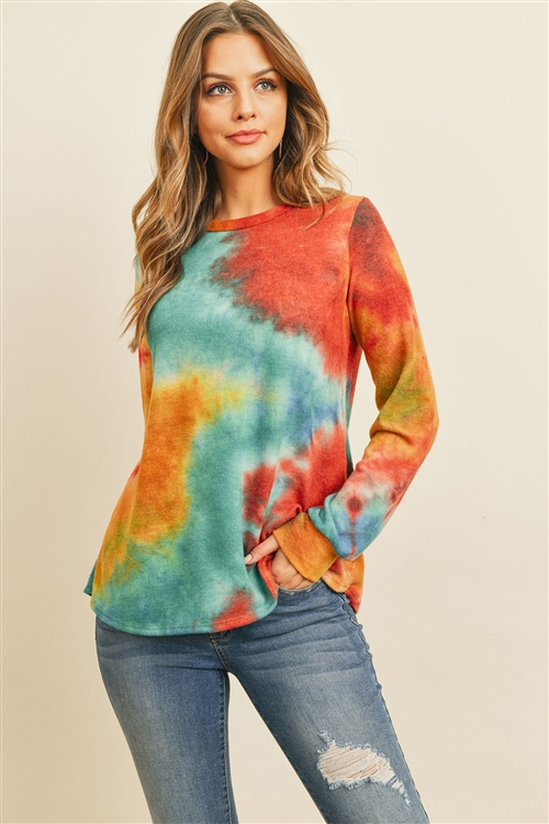 S10-14-2-RFT2410-RTD054-TLMU - LONG SLEEVE BOAT NECK TIE DYE ROUNDED HEM TOP- TEAL/MUSTARD 1-2-2-2