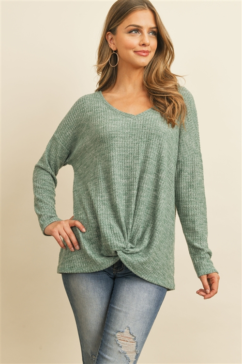 S12-7-3-RFT2413-2TWF-DSTGBCHB - TWO TONED WAFFLE V-NECK KNOT TOP- DUSTY GREEN CHAMBRAY 1-2-2-2