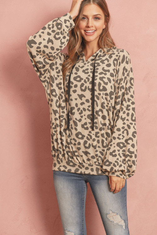 S11-2-3-RFT2427-RAP128-BGOV - LEOPARD PUFF SLEEVED SELF TIE HOODIE- BEIGE/OLIVE 1-2-2-2