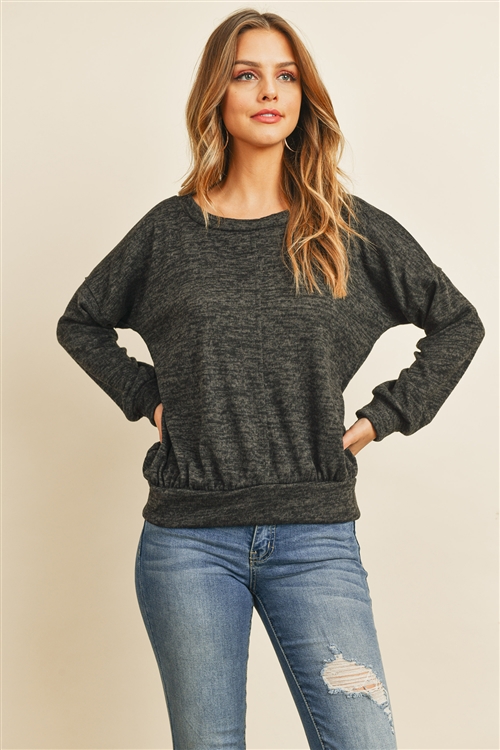 S11-8-3-RFT2436-RSW010-CHL - TWO TONED BRUSHED HACCI BOAT NECKLINE TOP- CHARCOAL 1-2-2-2