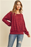 S11-8-3-RFT2436-RSW010-DKBU - TWO TONED BRUSHED HACCI BOAT NECKLINE TOP- DARK BURGUNDY 1-2-2-2