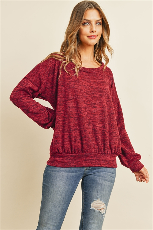 SA4-00-4-RFT2436-RSW010-DKBU-1 - TWO TONED BRUSHED HACCI BOAT NECKLINE TOP- DARK BURGUNDY 1-3-2-1