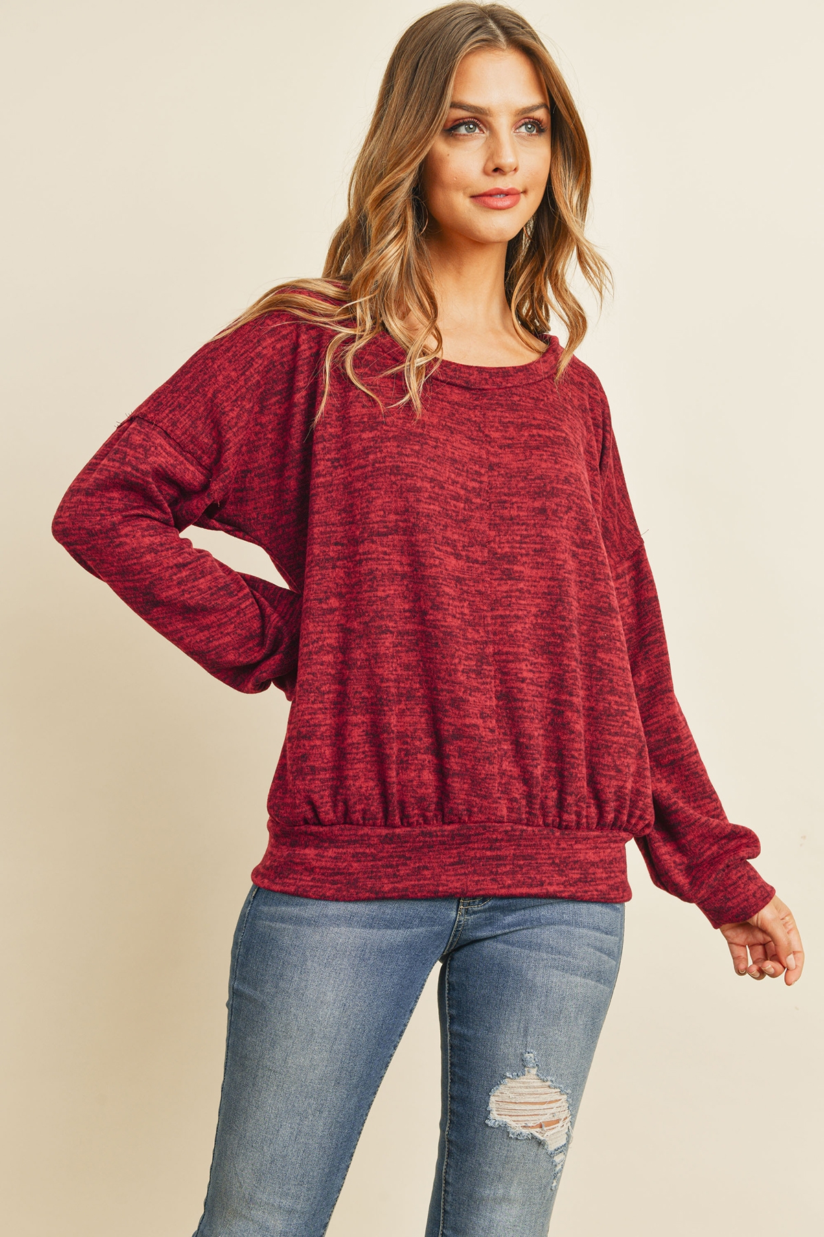 S11-8-3-RFT2436-RSW010-DKBU - TWO TONED BRUSHED HACCI BOAT NECKLINE TOP- DARK BURGUNDY 1-2-2-2