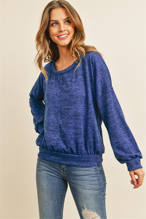 S5-1-4-RFT2436-RSW010-DPBL-1 - TWO TONED BRUSHED HACCI BOAT NECKLINE TOP- DEEP BLUE 1-2-2-1