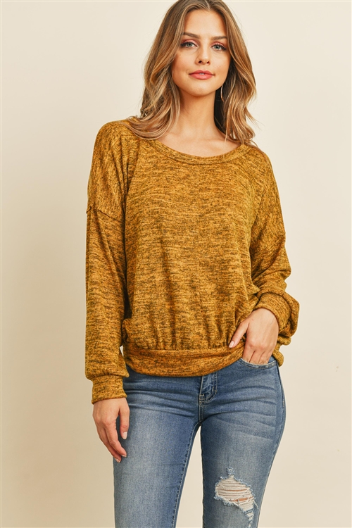 S11-7-3-RFT2436-RSW010-MU - TWO TONED BRUSHED HACCI BOAT NECKLINE TOP- MUSTARD 1-2-2-2