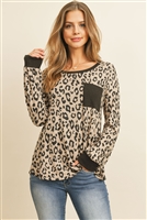 S8-3-4-RFT2437-RAP096-MCBK - BOAT NECK LEOPARD POCKET TOP- MOCHA/BLACK 1-2-2-2