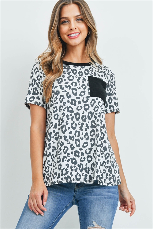 C70-A-3-RFT2437-RAP096SS-OFWTBK - SHORT SLEEVE ROUND NECK LEOPARD POCKET TOP- OFF-WHITE/BLACK 1-2-2-2