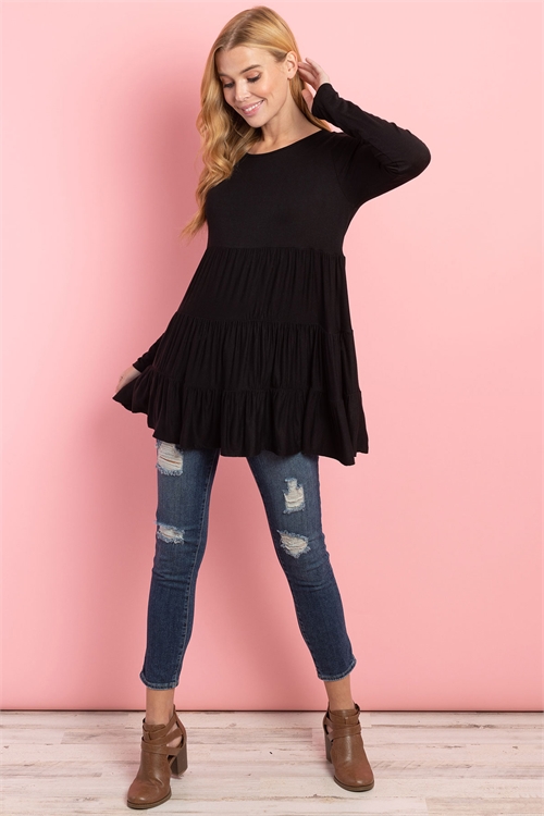 SA3-0-1-RFT2461-RSJ-BK-2 - SOLID LONG SLEEVES TIERED RUFFLE TOP- BLACK 1-3-2-0