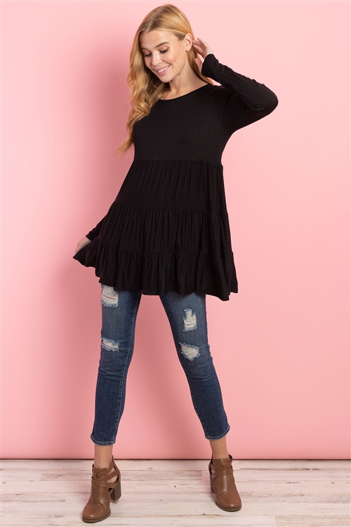 SA3-000-4-RFT2461-RSJ-BK-3 - SOLID LONG SLEEVES TIERED RUFFLE TOP- BLACK 1-3-1-0