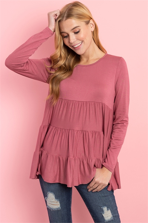 SA4-0-1-RFT2461-RSJ-MAR-2 - SOLID LONG SLEEVES TIERED RUFFLE TOP- MARSALA 0-3-1-2