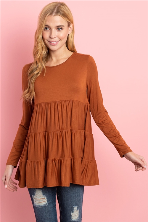 S4-2-1-RFT2461-RSJ-MCBWN - SOLID LONG SLEEVES TIERED RUFFLE TOP- MOCHA BROWN 1-2-2-2