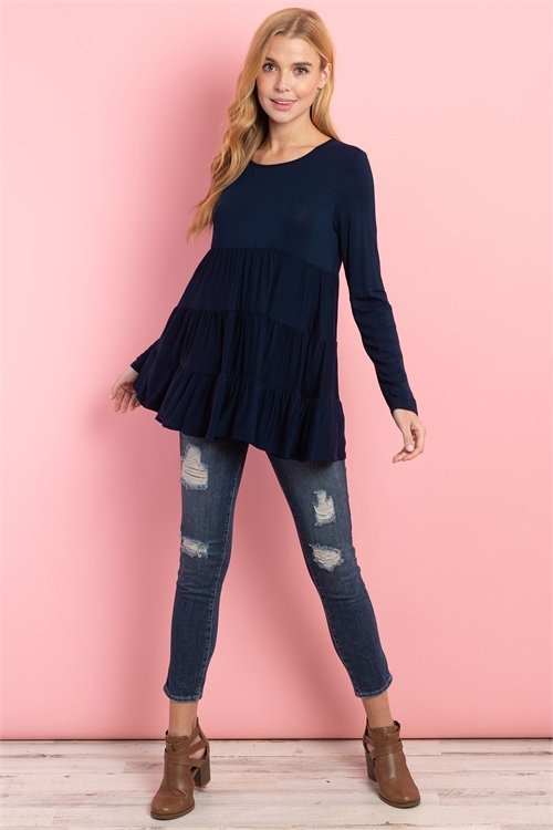 S12-1-5-RFT2461-RSJ-NV - SOLID LONG SLEEVES TIERED RUFFLE TOP- NAVY 1-2-2-2