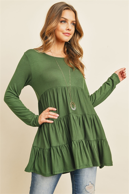 S9-10-3-RFT2461-RSJ-OVDP-2 - SOLID LONG SLEEVES TIERED RUFFLE TOP- OLIVE DEEP 2-2-2-3