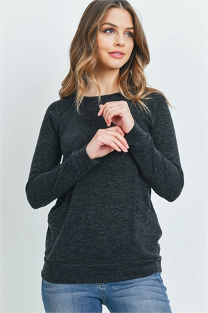 S13-12-3-RFT2534-MIER-2TCHL-1 - KNIT FRONT POCKET LONG SLEEVED TOP- 2TONE CHARCOAL 2-3-0-0