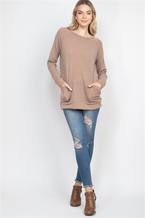 S11-5-3-RFT2534-MIER-CML - KNIT FRONT POCKET LONG SLEEVED TOP- CAMEL 1-2-2-2