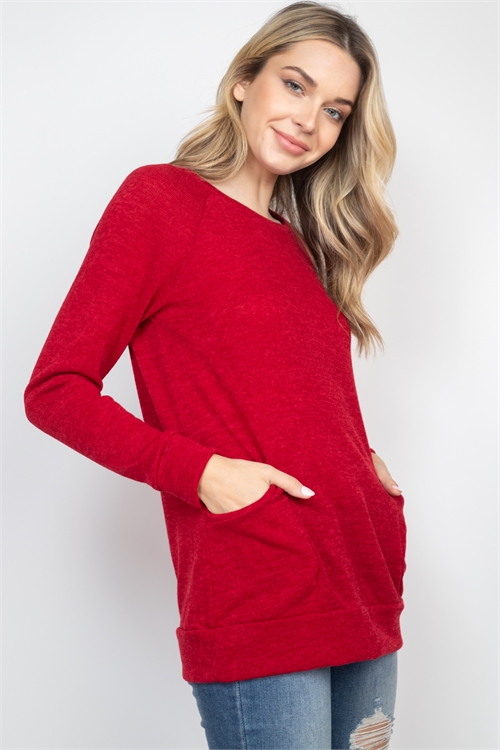 S16-2-5-RFT2534-MIER-RD-1 - KNIT FRONT POCKET LONG SLEEVED TOP- RED 2-2-0-2