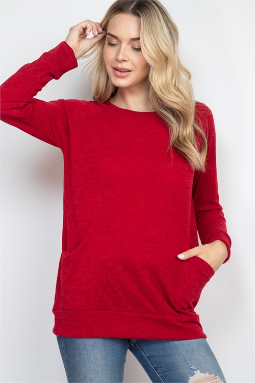 S15-4-1-RFT2534-MIER-RD - KNIT FRONT POCKET LONG SLEEVED TOP- RED 1-2-2-2