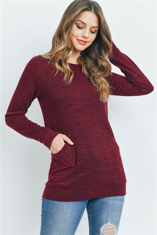 S13-10-2-RFT2534-MIER-WN - KNIT FRONT POCKET LONG SLEEVED TOP- WINE 1-2-2-2