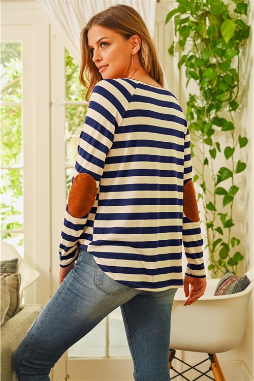 S10-16-1-RFT2536-RS037-NVOFW - STRIPED LONG SLEEVE ELBOW PATCHED TOP- NAVY/OFF-WHITE 1-2-2-2