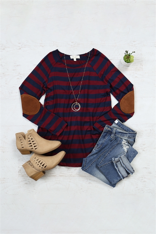 S10-15-1-RFT2536-RS037-WNNV - STRIPED LONG SLEEVE ELBOW PATCHED TOP- WINE/NAVY 1-2-2-2