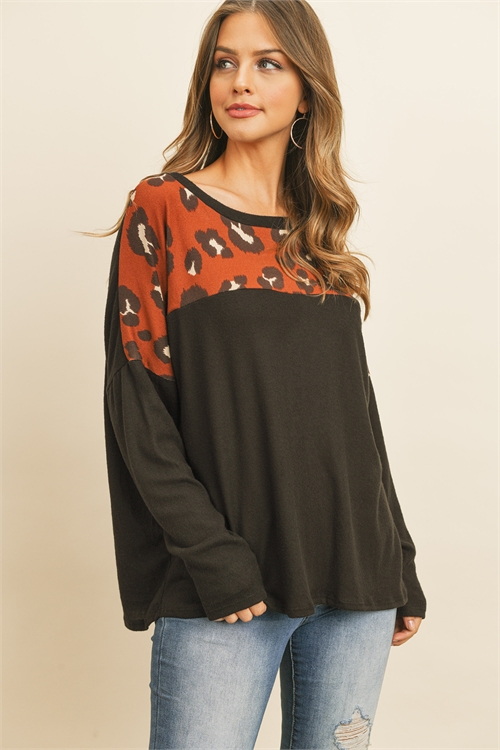 SA4-000-2-RFT2576-RAP017C-BKRST-1 - LONG SLEEVE LEOPARD CONTRAST HACCI BRUSHED TOP- BLACK/RUST/COMBO 2-1-2-1