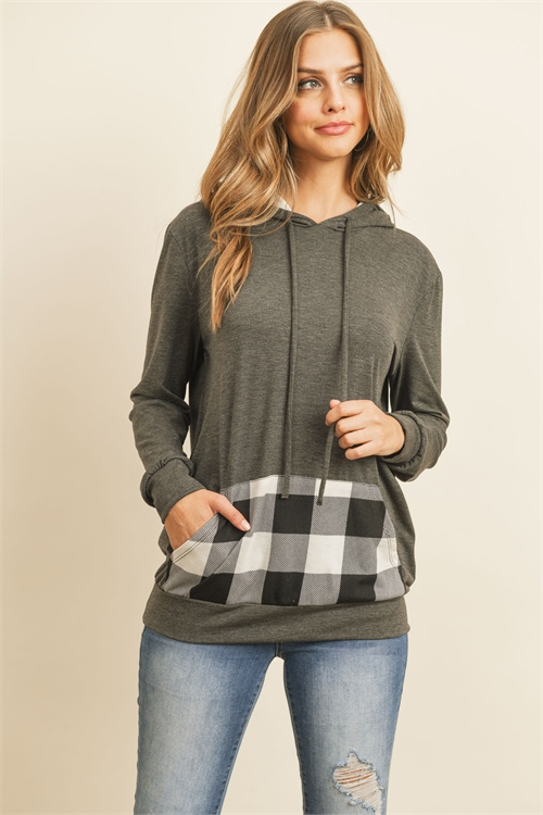 S6-1-3-RFT2594-RPL011C-CHLBK - LONG SLEEVED PLAID POCKET CONTRAST HOODIE WITH DRAWSTRINGS- CHARCOAL/BLACK 1-2-2-2