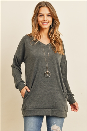 S5-1-3-RFT2618-FRT-CHL2T - OVERSIZED FRENCH TERRY V-NECK SWEATER WITH INSEAM POCKET- CHARCOAL 2TONE 1-2-2-2
