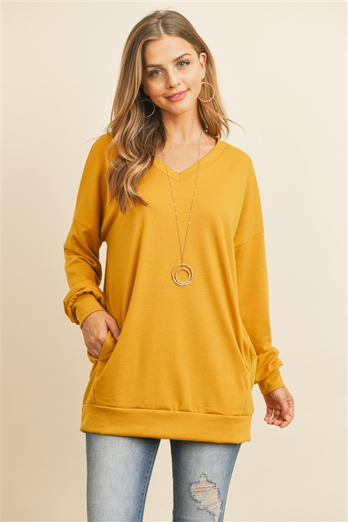 S8-1-1-RFT2618-FRT-DJ - OVERSIZED FRENCH TERRY V-NECK SWEATER WITH INSEAM POCKET- DIJON 1-2-2-2