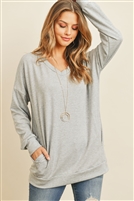 S6-1-2-RFT2618-FRT-HG - OVERSIZED FRENCH TERRY V-NECK SWEATER WITH INSEAM POCKET- HEATHER GREY 1-2-2-2 (NOW $5.75 ONLY!)